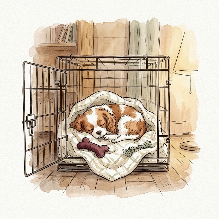 Illustration of a Cavalier puppy curled up cozily inside an open crate