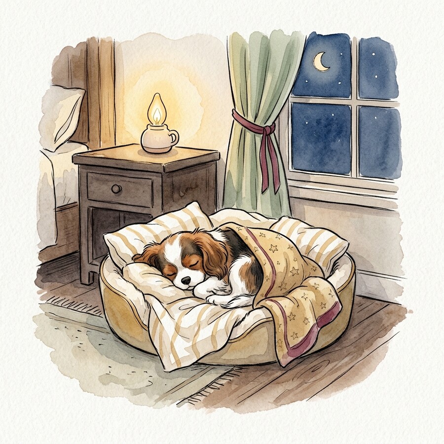 Illustration of a Cavalier puppy sleeping soundly in a cozy bed on the first night home