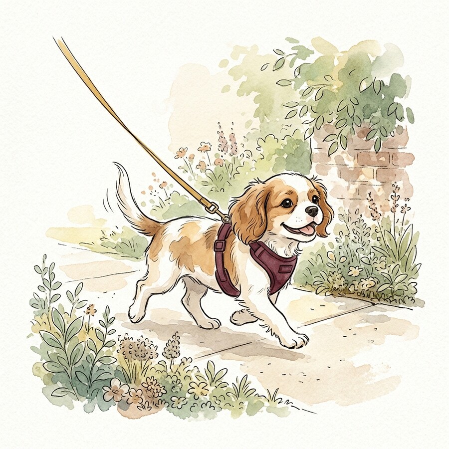 Illustration of a Cavalier puppy walking happily on a leash