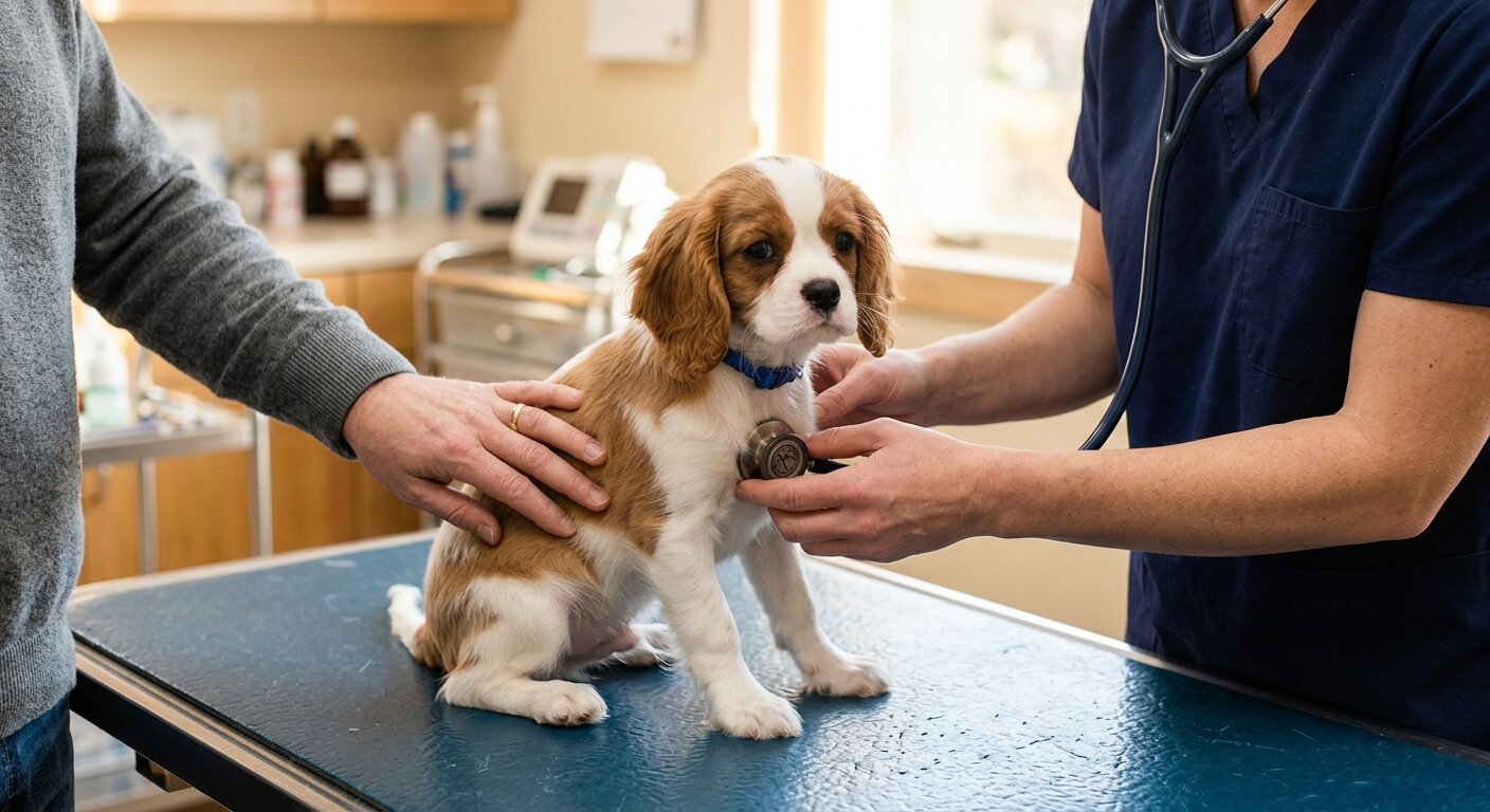 A veterinarian listening to a Cavalier puppy's heart with a stethoscope during a checkup